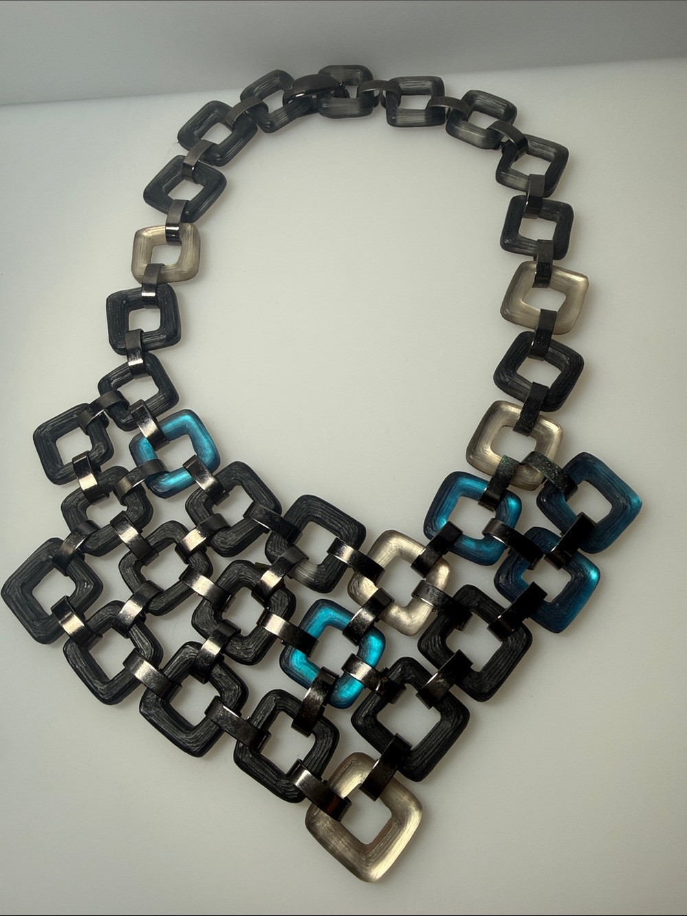 Alexis Bittar Black, Silver & Teal Linked Geometric Necklace